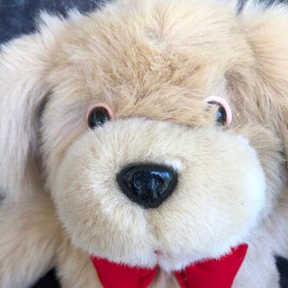 Vintage Goffa Dog Plush with Red Bow Tie & Red Mouth Tan Puppy Stuffed Animal - Picture 4 of 12